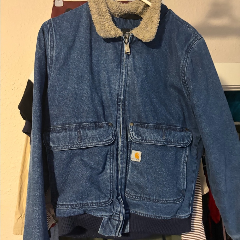 Carhartt Blue Denim Women Jacket with Cream Sherpa Collar